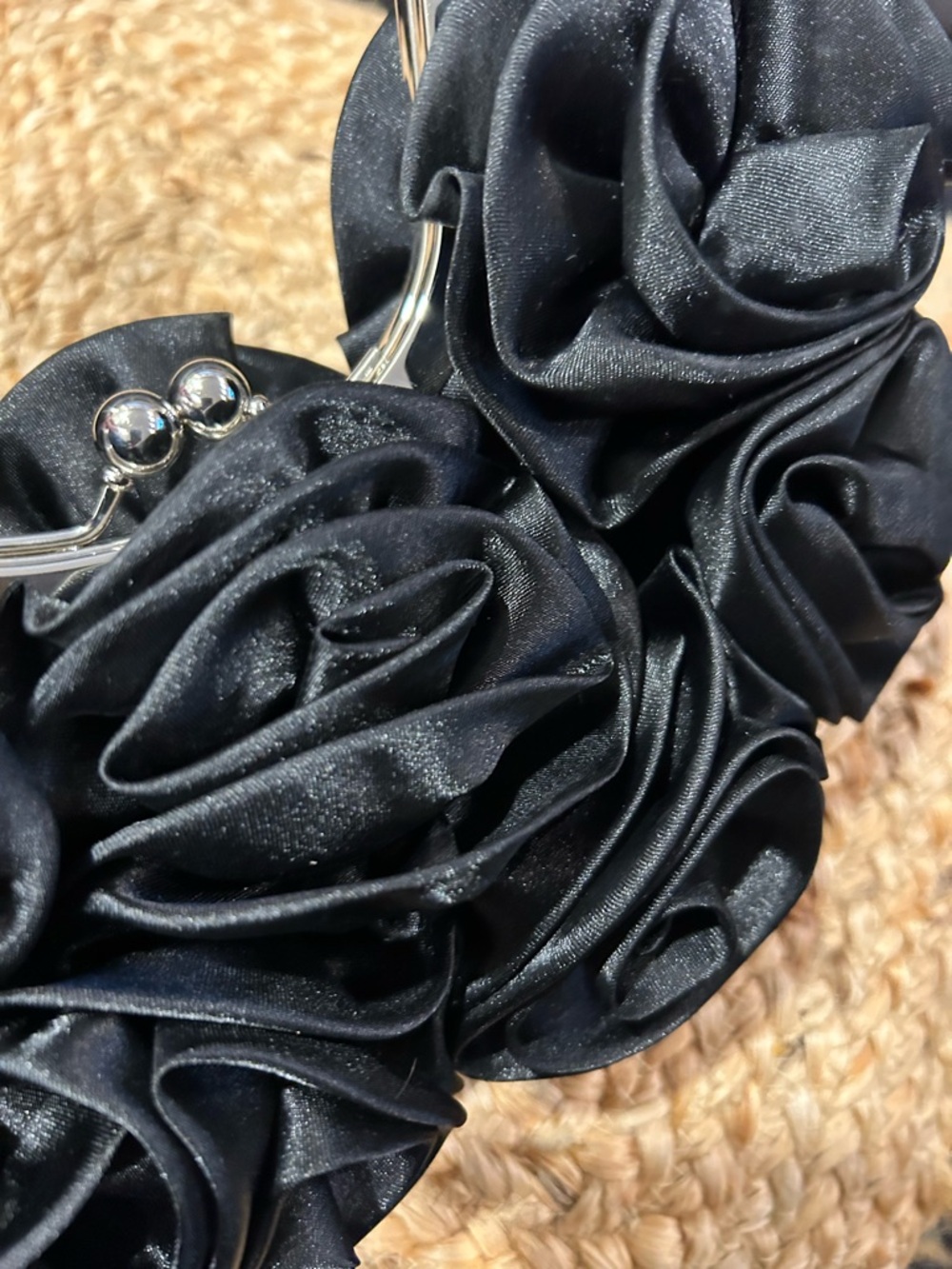 Black Satin Rosette Clutch with Silver Kiss Lock